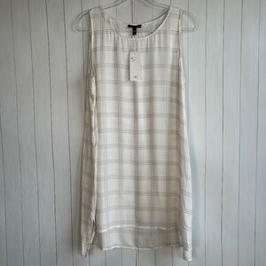 Eileen Fisher size L tunic tank top Silk Georgette crepe white gray plaid NEW